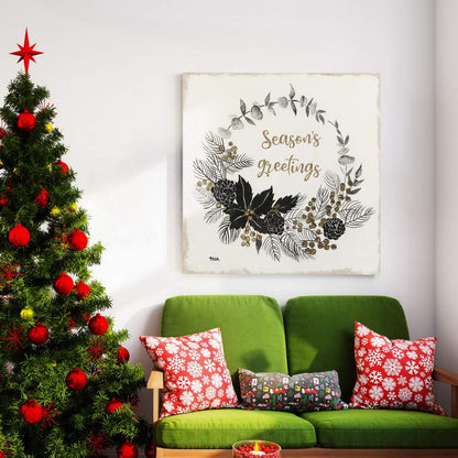 Renditions Gallery Season's Greetings Wreath Wall Art, Charming Christmas & Winter Artwork, Festive Word Art, Premium Gallery Wrapped Canvas Decor, Ready to Hang, 24 in H x 24 in W, Made in America