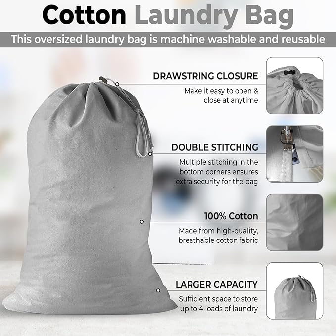 2 Pack - Extra Large Cotton Laundry Bag, Heavy Duty Large Laundry Bags 24 x 36