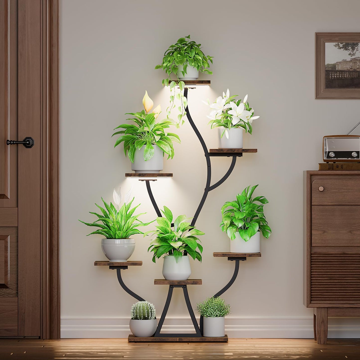 Plant Stand Indoor with Grow Lights, 7 Tiered Indoor Plant Shelf, Corner Plant Stands for Indoor Plants, Metal Plant Shelf Flower Display, Seaweed-Shaped Plant Rack for Living Room, Patio, Black