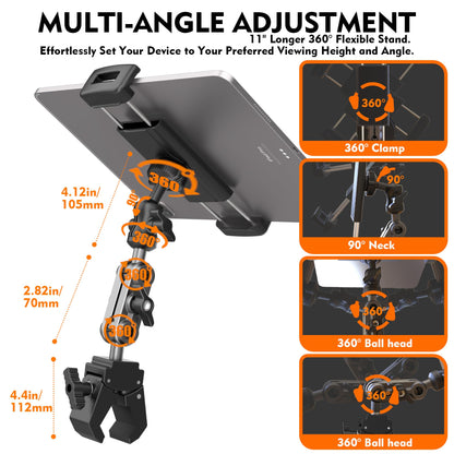 VasSmtCPH Tablet Holder for Treadmil Indoor Cycle Elliptical Spin Bike Peloton Music Stand 360° Adjustable Super Crab Handlebar Climp Mount Compitable with 4.7~12.9" iPad Switch iPhone e-Reader