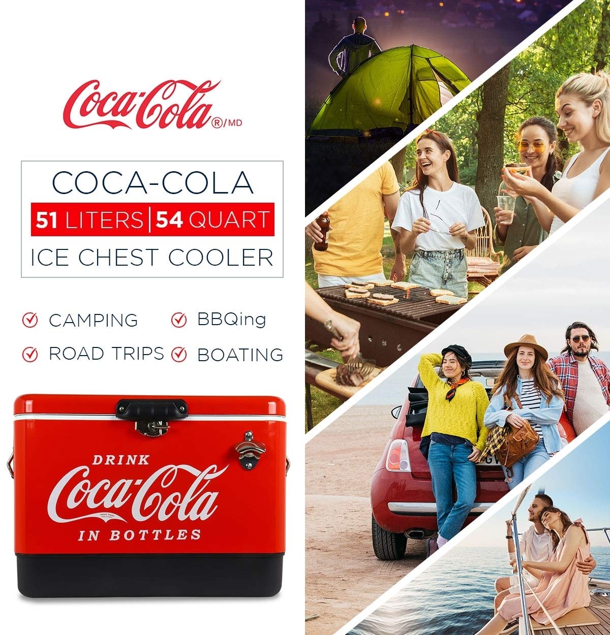 Coca-Cola Ice Chest Cooler - Portable Ice Bucket with Bottle Opener, Vintage Style, Insulated for Camping, Beach, Picnic, RV, BBQs, Tailgating, Fishing, Stainless Steel 85 Can Ice Box, 51L (54 qt)