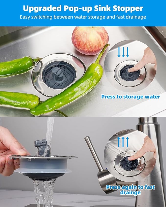 Hibbent 2 Pack 3 in 1 Kitchen Sink Drain Strainer and Stopper Combo, Chrome