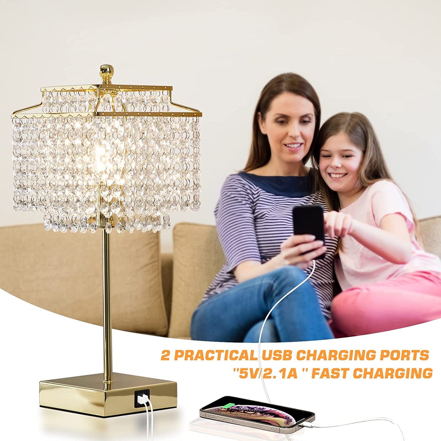 Luvkczc Crystal Touch Table Lamp, Bedside Lamps with with USB C+A Ports, Gold Bedroom Lamp, Dimmable Lamp with Crystal Shade, Nightstand Lamps for Bedroom, Living Room, Bulb Included
