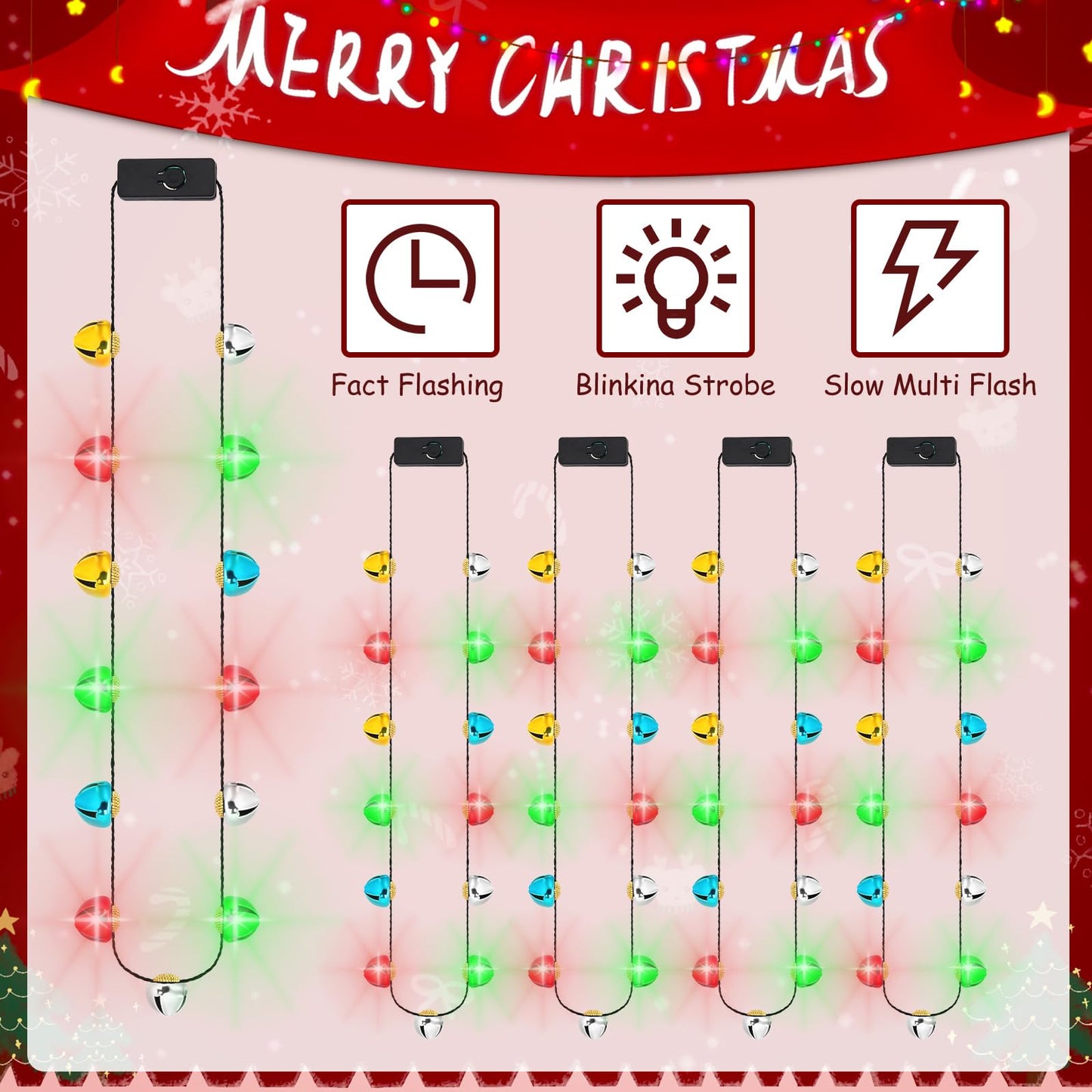 NOVWANG 4Pcs Christmas Light Necklace, Jingle Bell Light up Christmas Necklace for Xmas Winter New Year Ugly Sweater Holiday Party Supplies Accessories