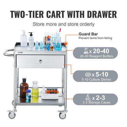 VEVOR Stainless Steel Utility Cart with Wheels - Medical/Dental Lab Cart - 2 Shelves/1 Drawer