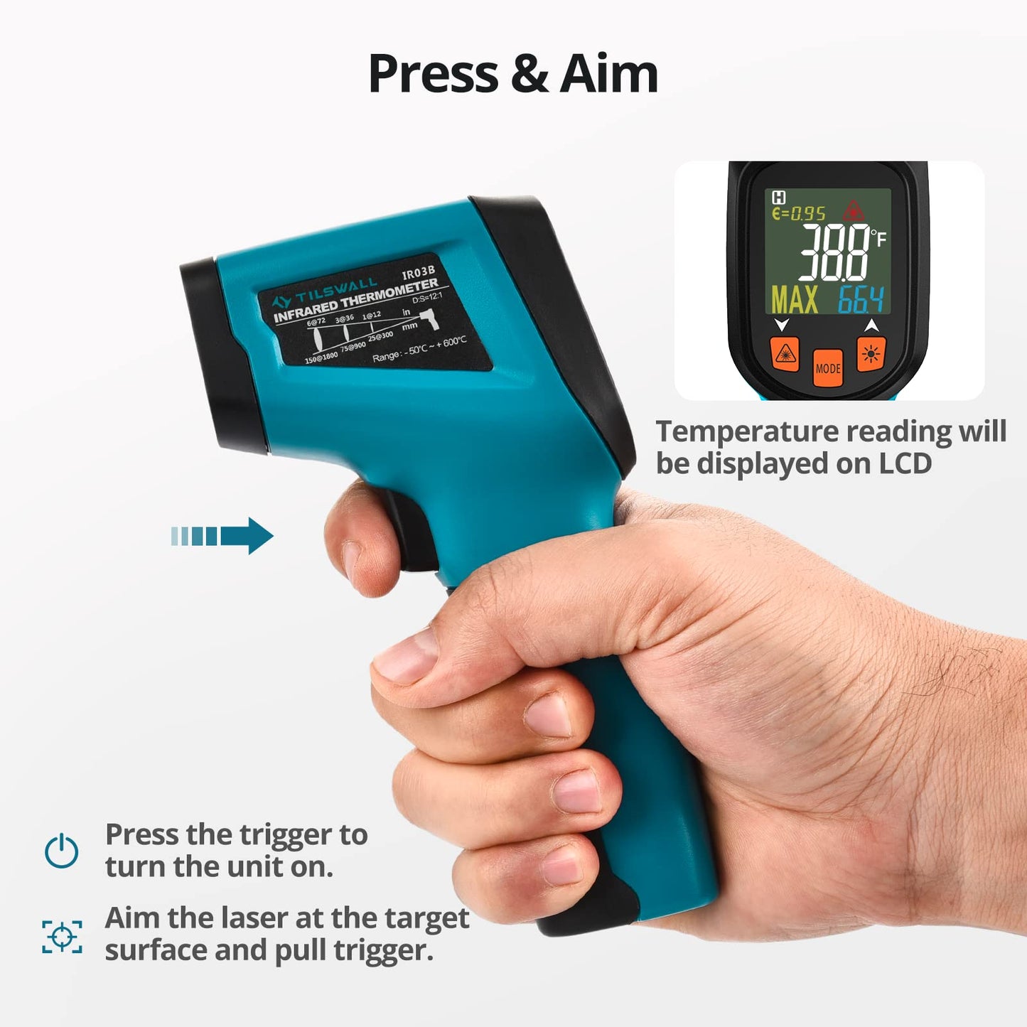 Tilswall Infrared Thermometer Non-Contact Digital Laser Temperature Gun, -50℃~600℃ (-58℉~1112℉) with Adjustable Emissivity, High/Low Temperature Alarm, for Cooking/Pizza Oven/BBQ, Not for Human