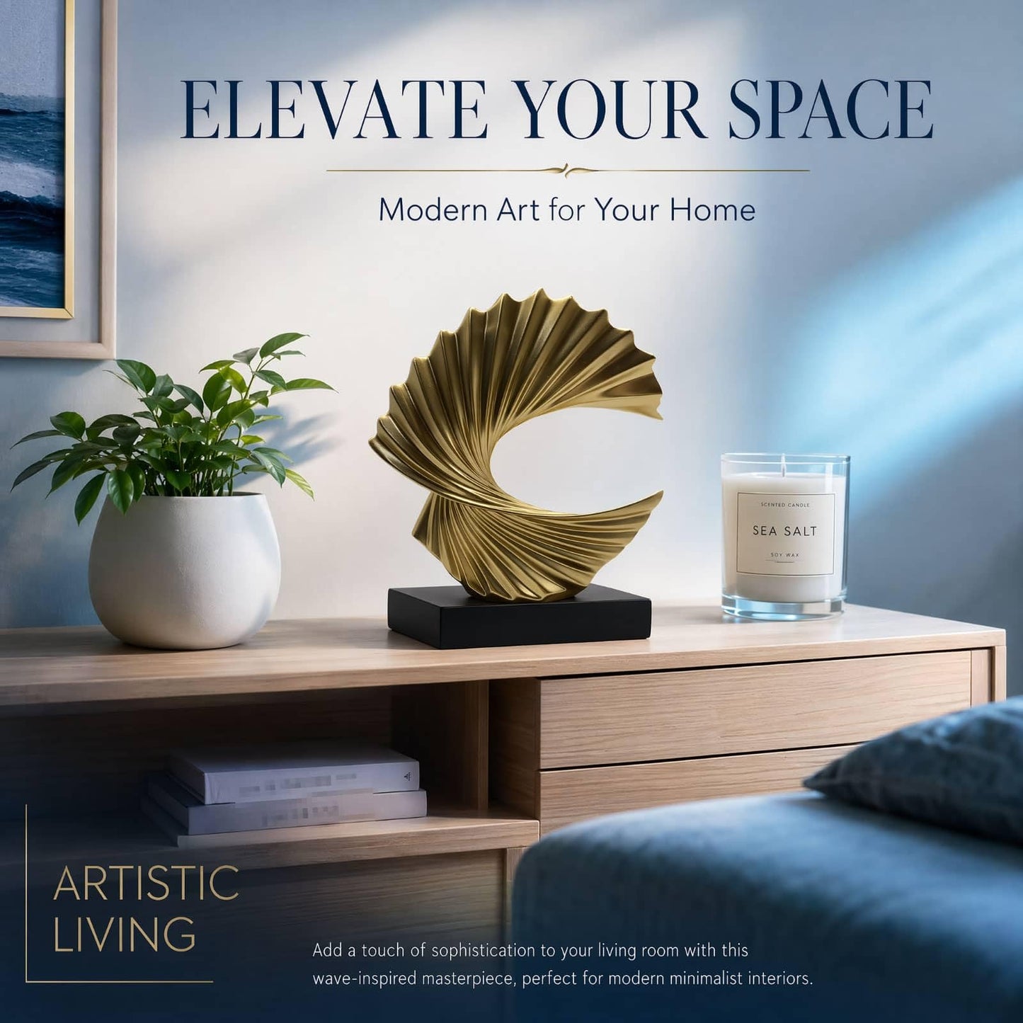 ThriBartLive Elegant Modern Gold Wave Sculpture – Abstract Ocean-Inspired Resin Decor for Living Room, Office, Desk & Shelf, Luxury Minimalist Tabletop Art Accent