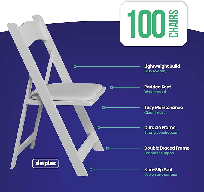 SIMPLEX 100 White Resin Stackable Chairs - Comfortable White Foldable Chair - Folding Chairs with Padded Seats - Indoor/Outdoor Folding Chairs for Events - Lightweight Foldable Chairs. (Set of 100)