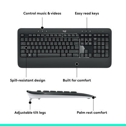 Logitech MK540 Advanced Wireless Keyboard and Mouse Combo for Windows, 2.4 GHz Unifying USB-Receiver, Multimedia Hotkeys, 3-Year Battery Life, for PC, Laptop, QWERTY UK English Layout - Black