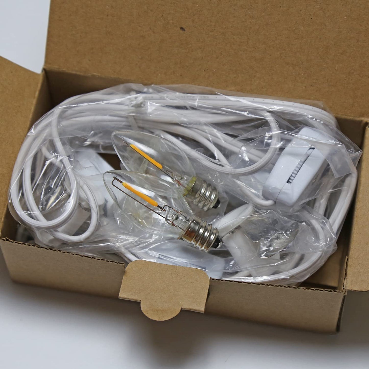 KGC C7 Accessory Cord with 2 C7 Led Light Bulb Candelabra-Base E12 Socket, White Cord with On/Off Switch Plugs for Holiday Decorations, Christmas Village House, Pumpkin Lights