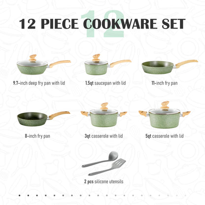 MAISON ARTS Pots and Pans Set Non Stick, 12 Piece Green Granite Kitchen Cookware Induction Compatible, Cooking Sets Pots and Pans Nonstick