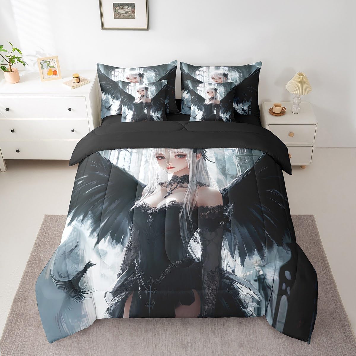 Erosebridal Anime Girl Bedding Sets 7 Piece Twin Size, Kawaii Japanese Anime Comforter Set for Kids Boys Teens Adult, Cartoon Girl Bed in A Bag Japan Animation Sheet Set, Machine Washable