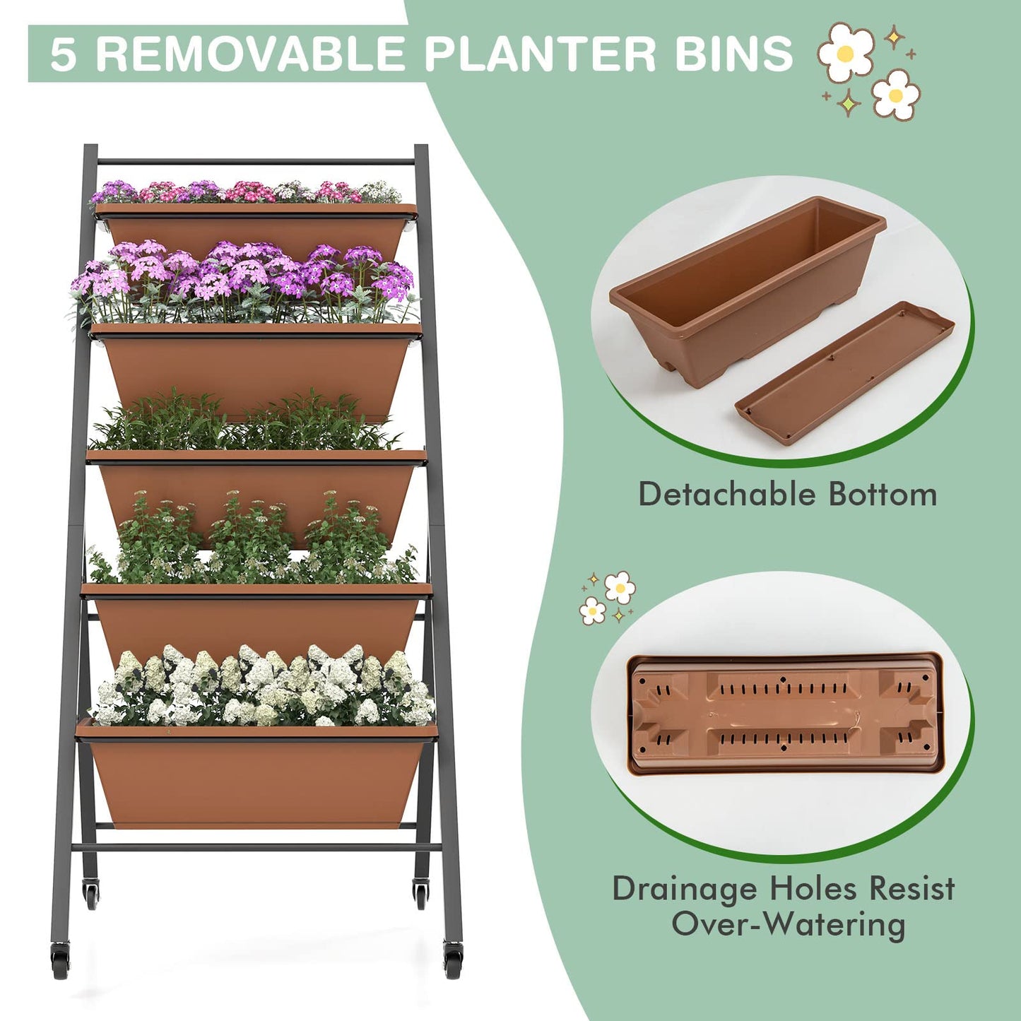 S AFSTAR 5-Tier Vertical Garden Planter, Raised Garden Bed with 2 Lockable Wheels, 5 Removable Planter Boxes, Metal Frame, Indoor Outdoor Elevated Planting Box for Flower Vegetables Fruit Herbs