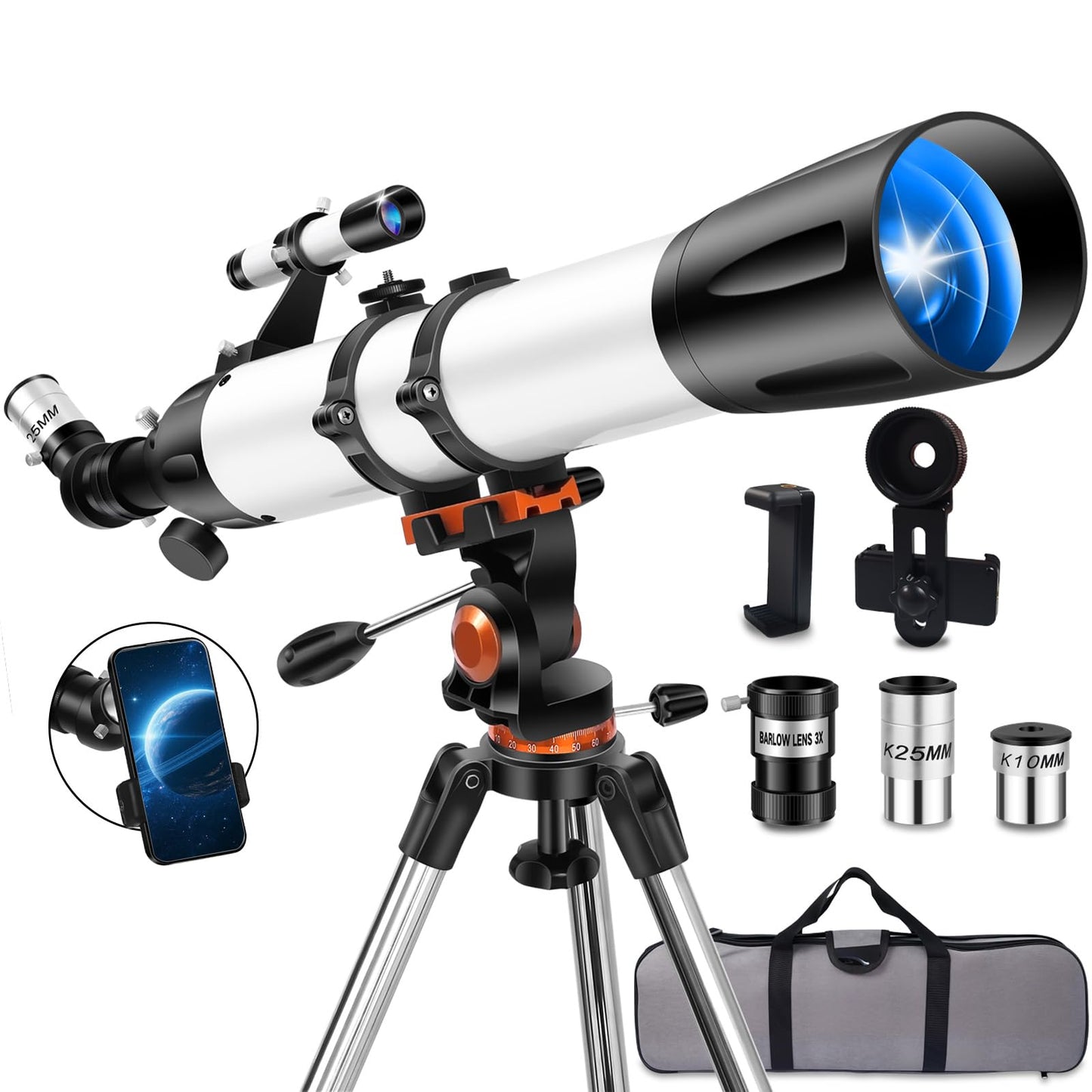 Uonol Telescope for Adults High Powered 90mm Aperture 800mm (32X-240X), Refractor Telescopes for Astronomy Beginners with AZ Mount Tripod, Phone Adapter, Carry Bag (80090white)