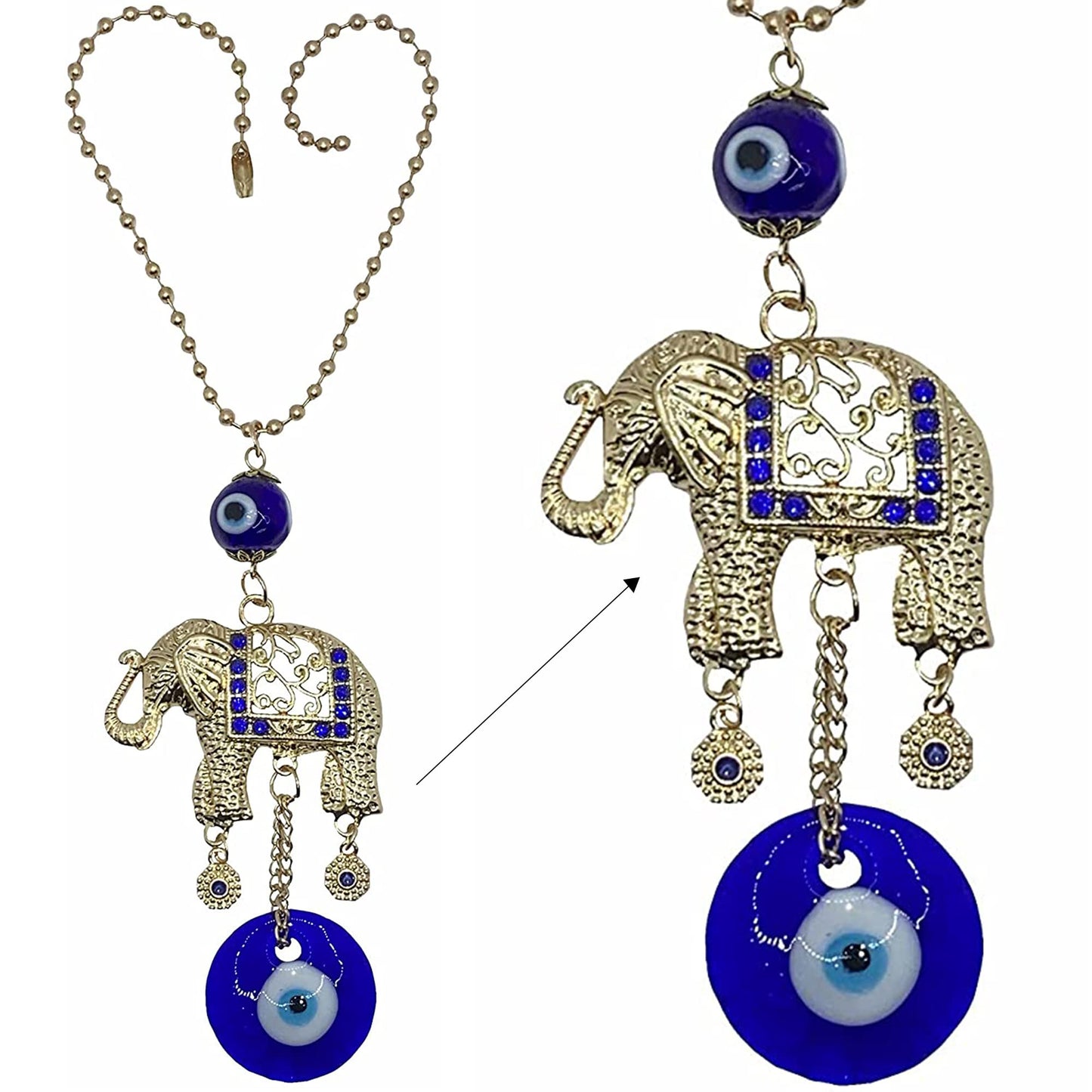 LUCKBOOSTIUM Gold Elephant with Evil Eye Beads in Blue, White & Black Resin w/Rhinestones in Ball Chain–Charms & Protective Car Hanging Ornament for Rear View Mirror, Keychain, Bag& Home/Office Decor