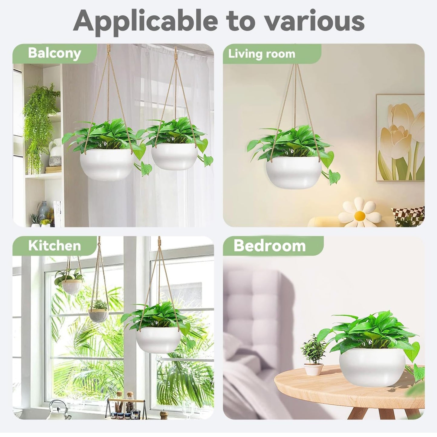 TIGKHAE Ceramic Hanging Planters for Indoor Outdoor Plants,8 in Modern Plant Pot Round Porcelain Hanger Basket with Rope Hanging Plant Holder Drainage Flower Pot for Herbs Ferns Ivy Pothos,White
