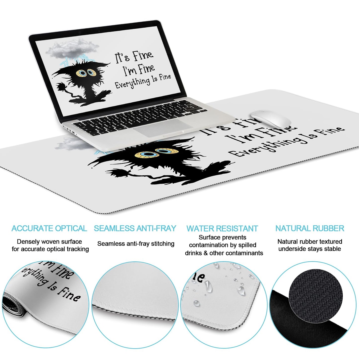 LIMKRIAN Desk Mat Set, Large Gaming Mouse Pad with Wrist Rest, Ergonomic Mouse Pad Keyboard Mat Wrist Support, Cup Coaster, Home Office Desk Accessories Decor Supplies, Funny Black Cat