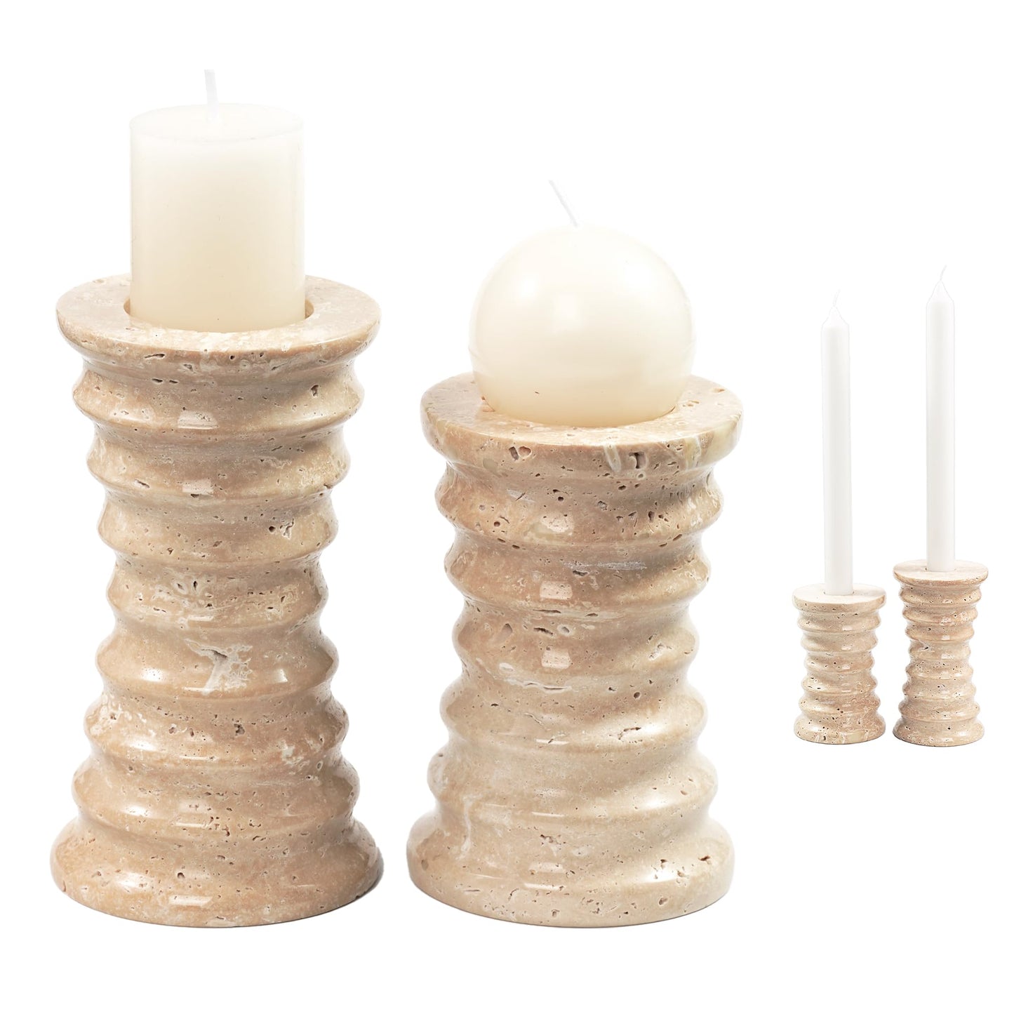 LWALMS Travertine Marble Candlestick Holders - Set of 2 Stone Candle Sticks Holder Decor, Decorative Modern Candle Stands Multi-Purpose for Taper/Pillar/Tealight/Scented Candles