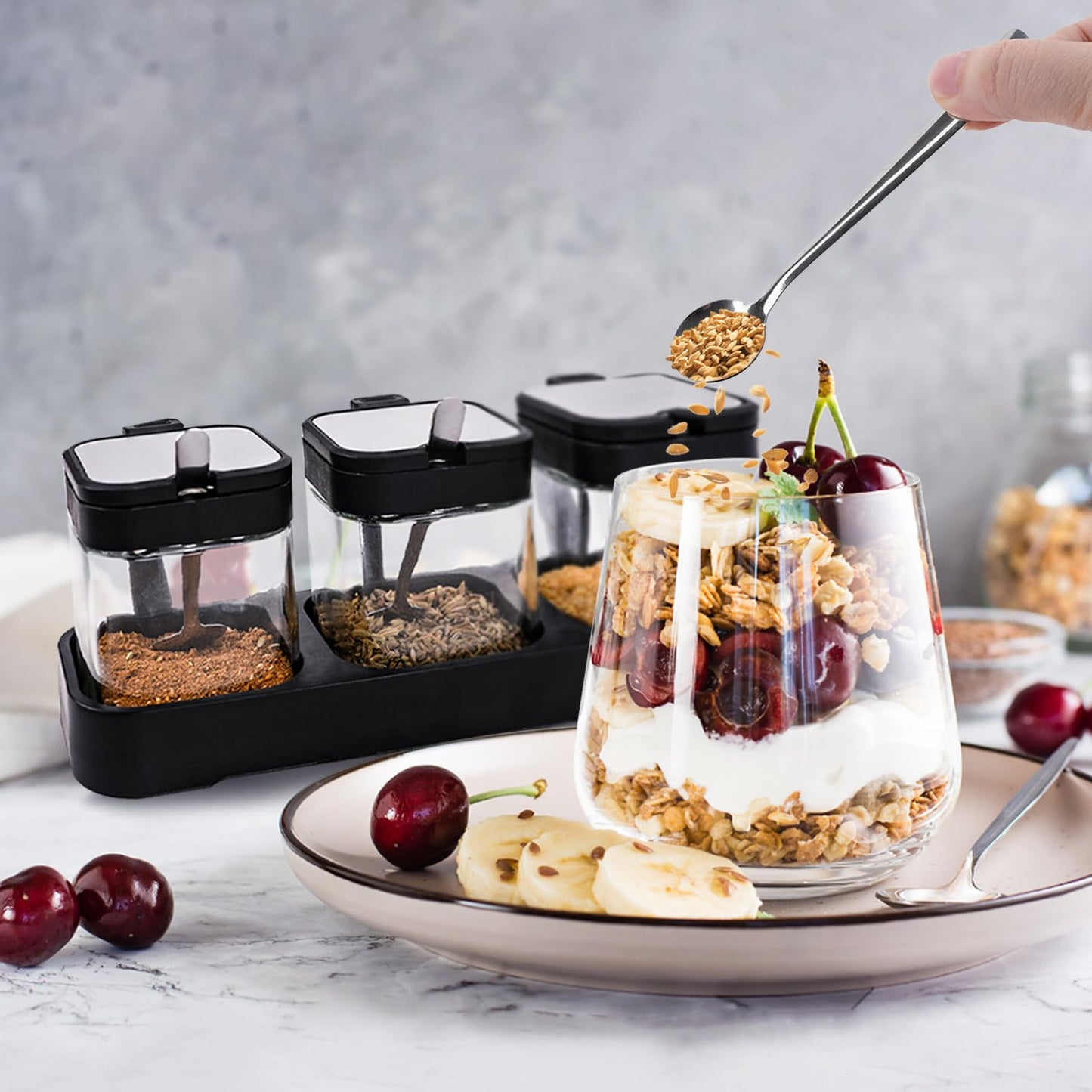 JEPELUS 3 Pcs Condiment Jar Spice Container with Lids and Spoons, Clear Glass Salt and Sugar Container Sets, Square Condiment Canisters Pots Seasoning Box for Kitchen Countertop (Black)