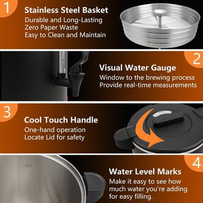 115-Cup 20L Commercial Coffee Urn, Festa Essential 1500W Double Wall Large Percolate Coffee Maker Stainless Steel Hot Water Urn Dispenser with Double Dripless Faucet, Quick-Brewing for Catering, Black