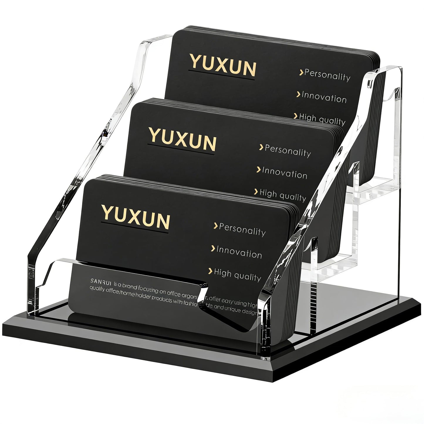 YUXUN Black Business Card Holder for Desk-3 Tier 3 Slot, Acrylic Business Card Holder for Women Men, 100+ Business Cards Display Stand, Multiple Business Card Display for Exhibition, Home, Office