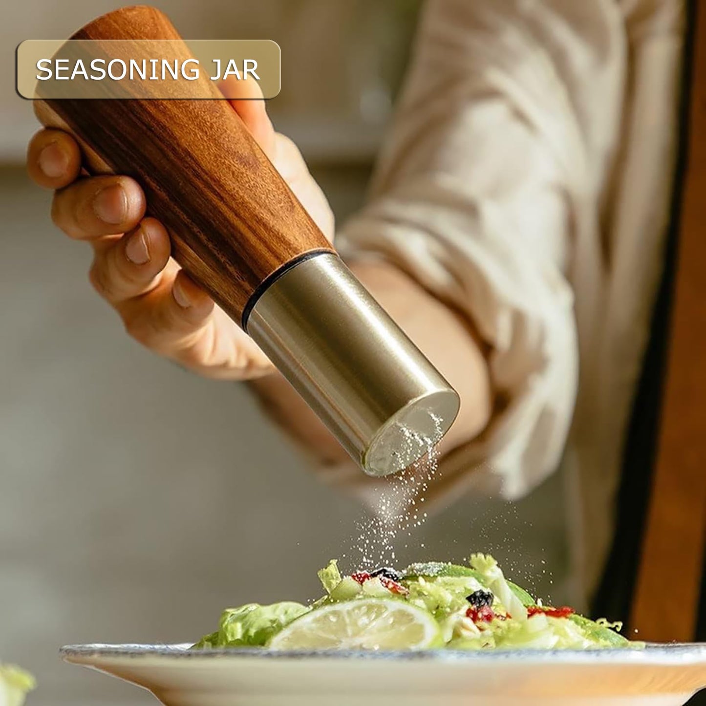 Salt and Pepper Grinder Set, Acacia Wooden Pepper Grinder with Adjustable Coarseness, Refillable Ceramic Blade Grind,Gold Pepper Mill for Kitchen (7.5IN- Acacia Wood-Base)