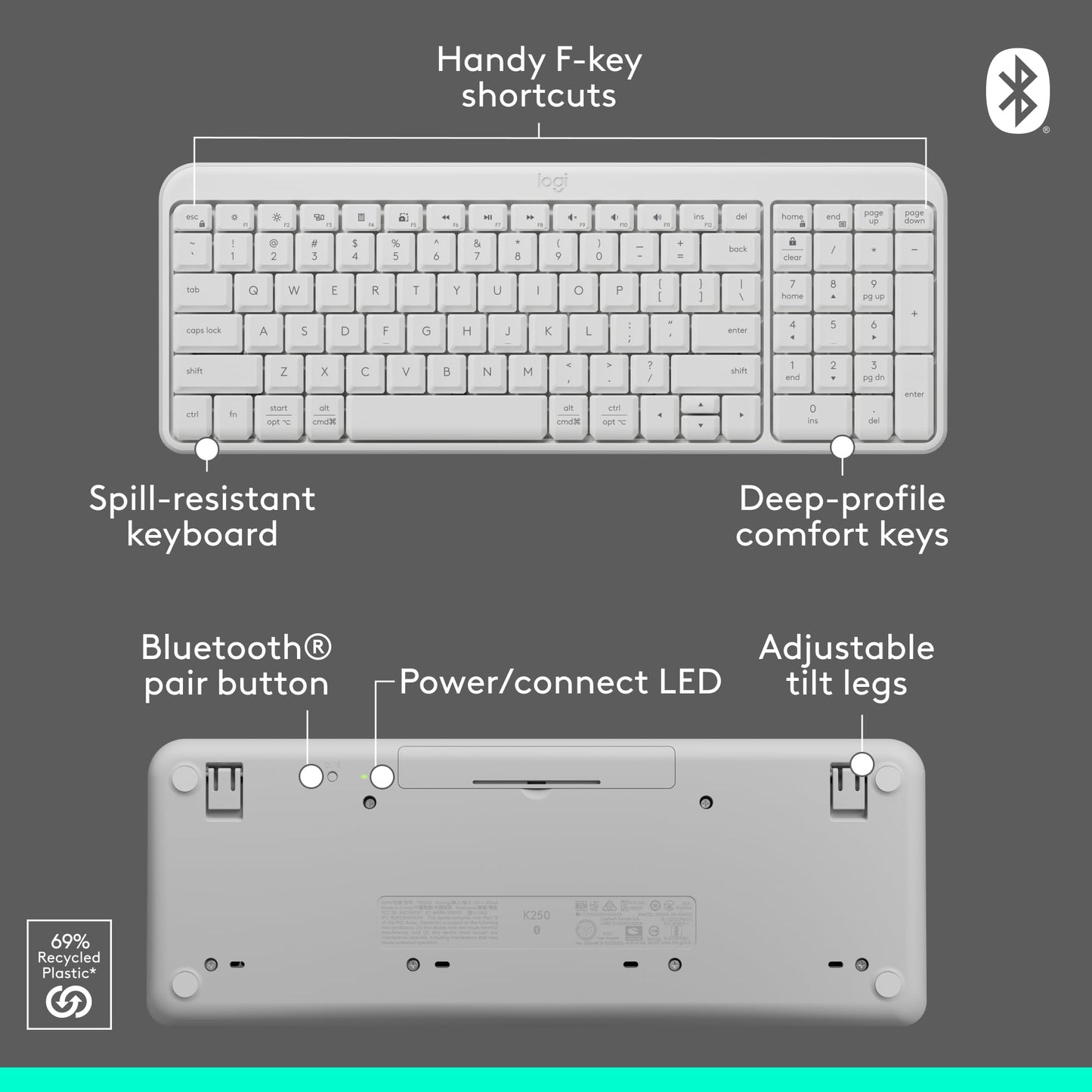 Logitech K250 Bluetooth Keyboard with Numpad, Easy Connectivity, Compact Wireless Keyboard Made with Recycled Plastic, Spill-Resistant, Comfortable Keys - Windows/MacOS - Graphite
