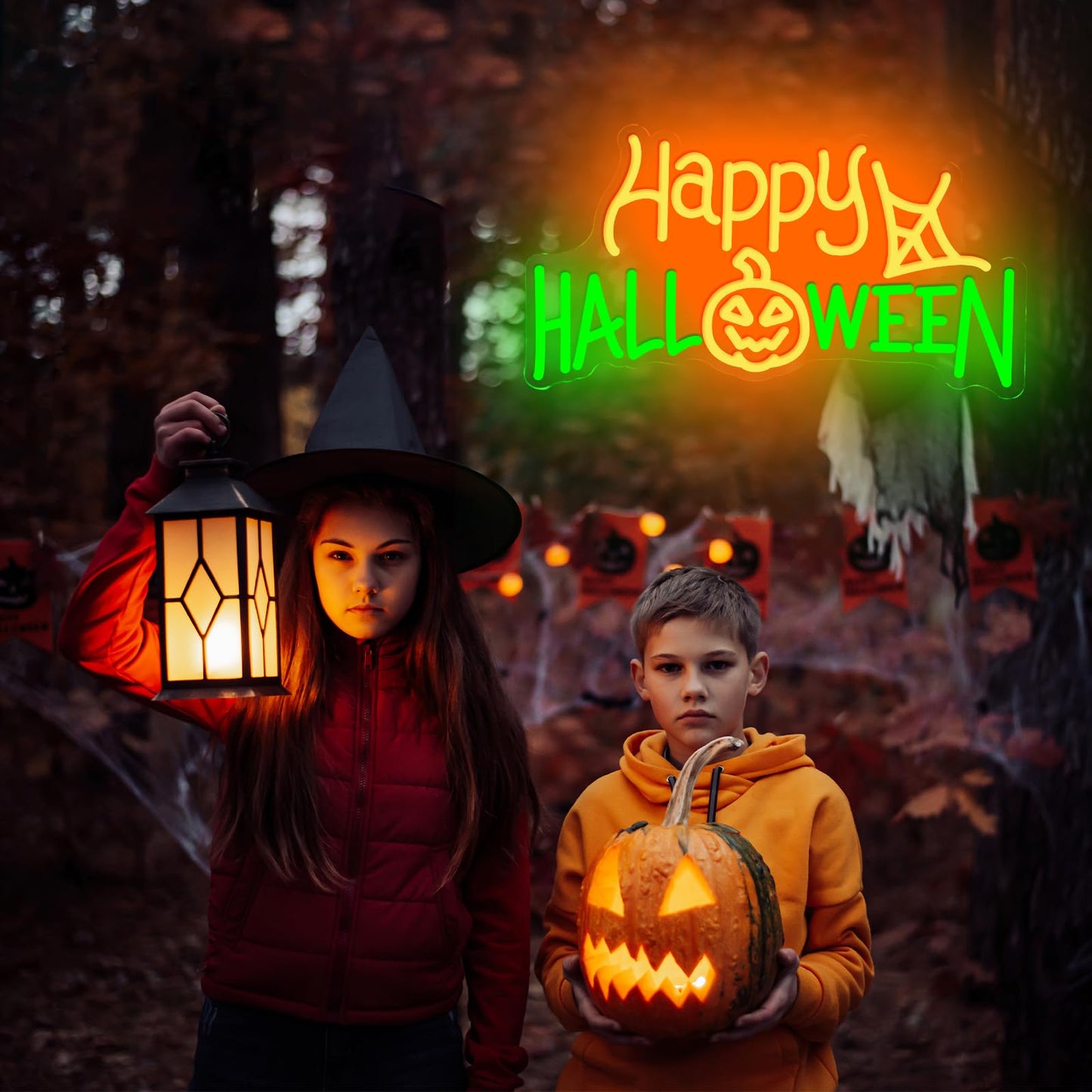 Happy Halloween Neon Sign, LED Halloween Light Up Decor Web Pumpkin Neon Signs for Wall Bedroom Home Bar Halloween Party Decor Halloween Present for Trick or Treat Party Backdrop