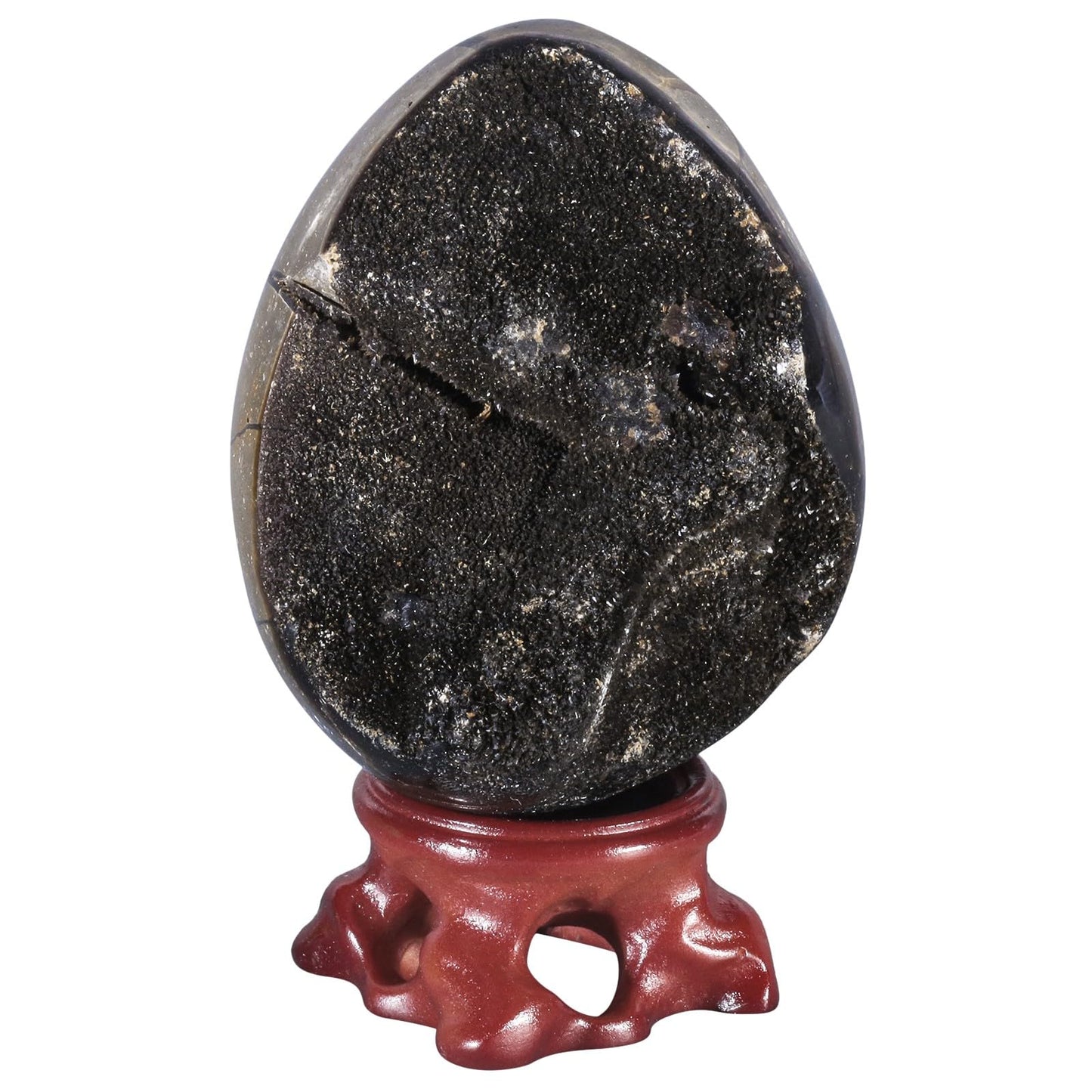 TUMBEELLUWA 75-95 mm Black Crystal Egg with Display Stand, Natural Septarian Dragon Stone Crystal Geode Cluster Gemstone Eggs Figurine Collectibles for Home Table Decor