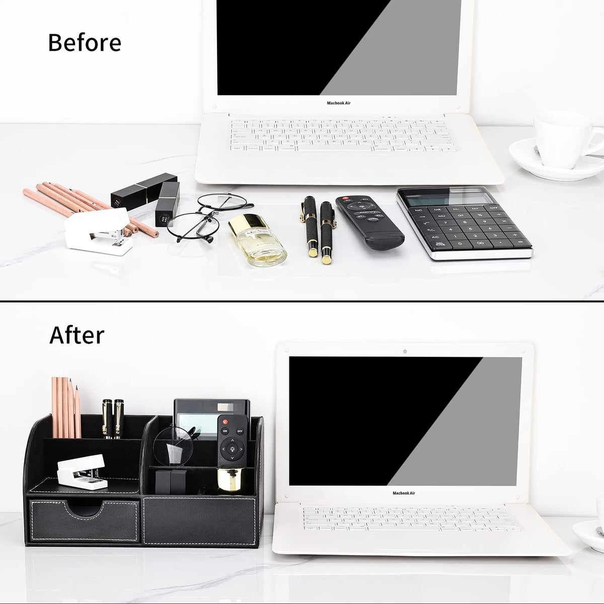 KINGFOM Pu Leather Desk Organizer Pen Pencil Holder Office Supplies Caddy Storage Box 6 Compartments with Drawer Black