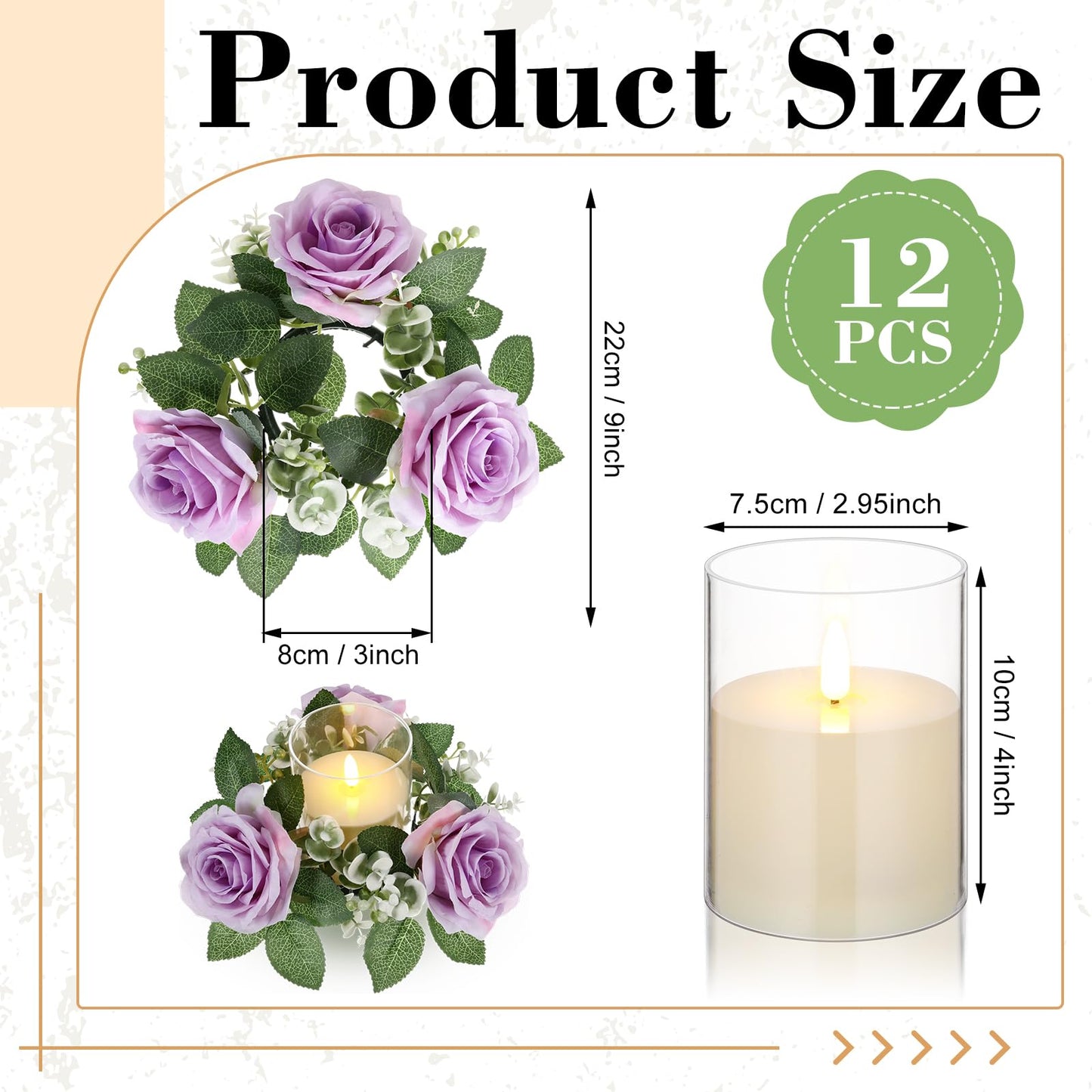Yunlly 12 Pcs Rose Candle Rings with Flameless Candles Sets, Artificial Flower Eucalyptus Wedding Centerpiece 3 Inch Pillar Candleholders Wreaths for Wedding Party Mother's Day (Purple)