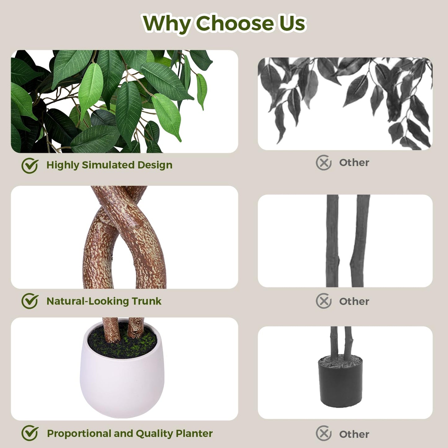 Jocoevol 6FT Artificial Ficus Tree, Tall Faux Trees Indoor with White Planter, Dried Moss, Natural Silk Leaves & Trunk, Fake Plants for Home Living Room Office Corner Decor Housewarming Gift