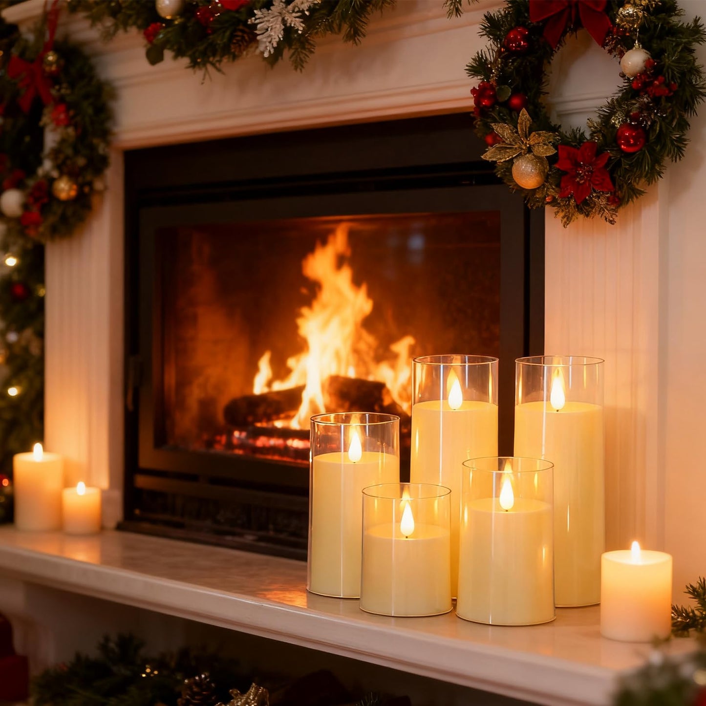 Fo32won Ivory White LED Flameless Pillar Candles Battery Operated with Remote and Timer, Pack of 5 (D 3"×H 4" 5" 6" 8" 8") Decorative Plexiglass Flickering Candles with 3D Flame