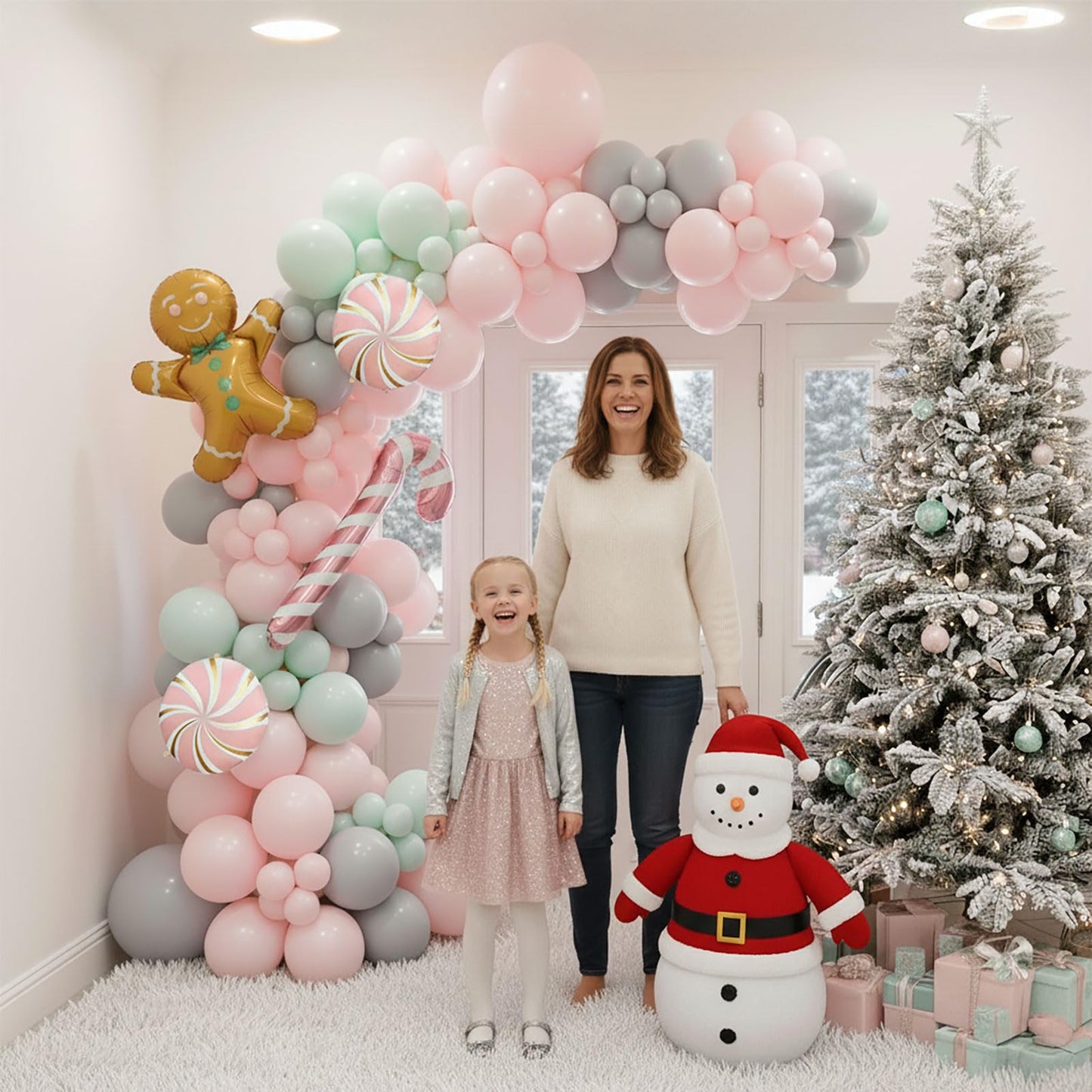 Christmas Balloon Garland Arch kit green pink balloon with Gingerbread Balloon Cane Candy Foil Balloons for friendsmas Party Decorations Xmas New Year cookie Birthday Party Supplies globos de navidad