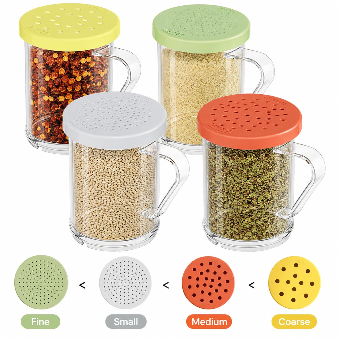 GATBO 4-Pack Plastic Dredge Shaker Set, 10 oz Clear Flour & Sugar Dispensers with Handles, Commercial Seasoning Shakers for Powder, Spices & Herbs, 4 Bodies & 4 Lids with Different Hole Sizes