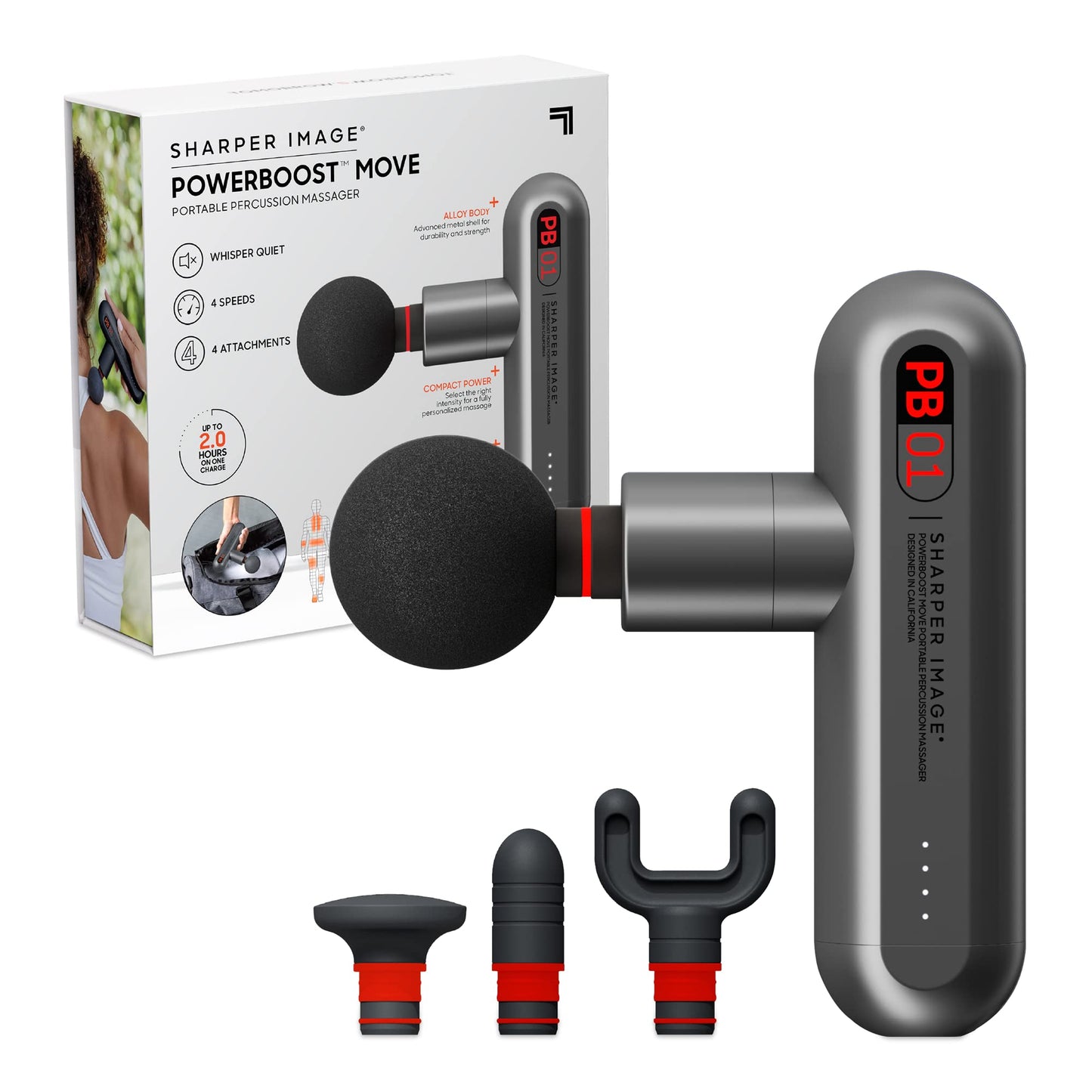 Sharper Image Percussion Massage Gun, Powerboost Move, Lightweight & Portable, 4 Attachments, 4 Speeds, Full Body Back & Shoulder Massager for Deep Tissue Muscle Recovery, Pain Relief & Soreness