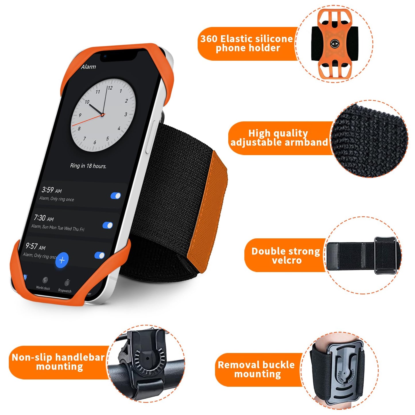 HLOMOM 3in1 Phone Holder for Running,Arm Band/Wrist Holder/Bike Mount,Phone Armbands 360° Rotation & Detachable Fit All 4.5-7" Phone for iPhone 17/16/15/Pro/14/13/12/mini/Pro Max/XS/XR (Orange)