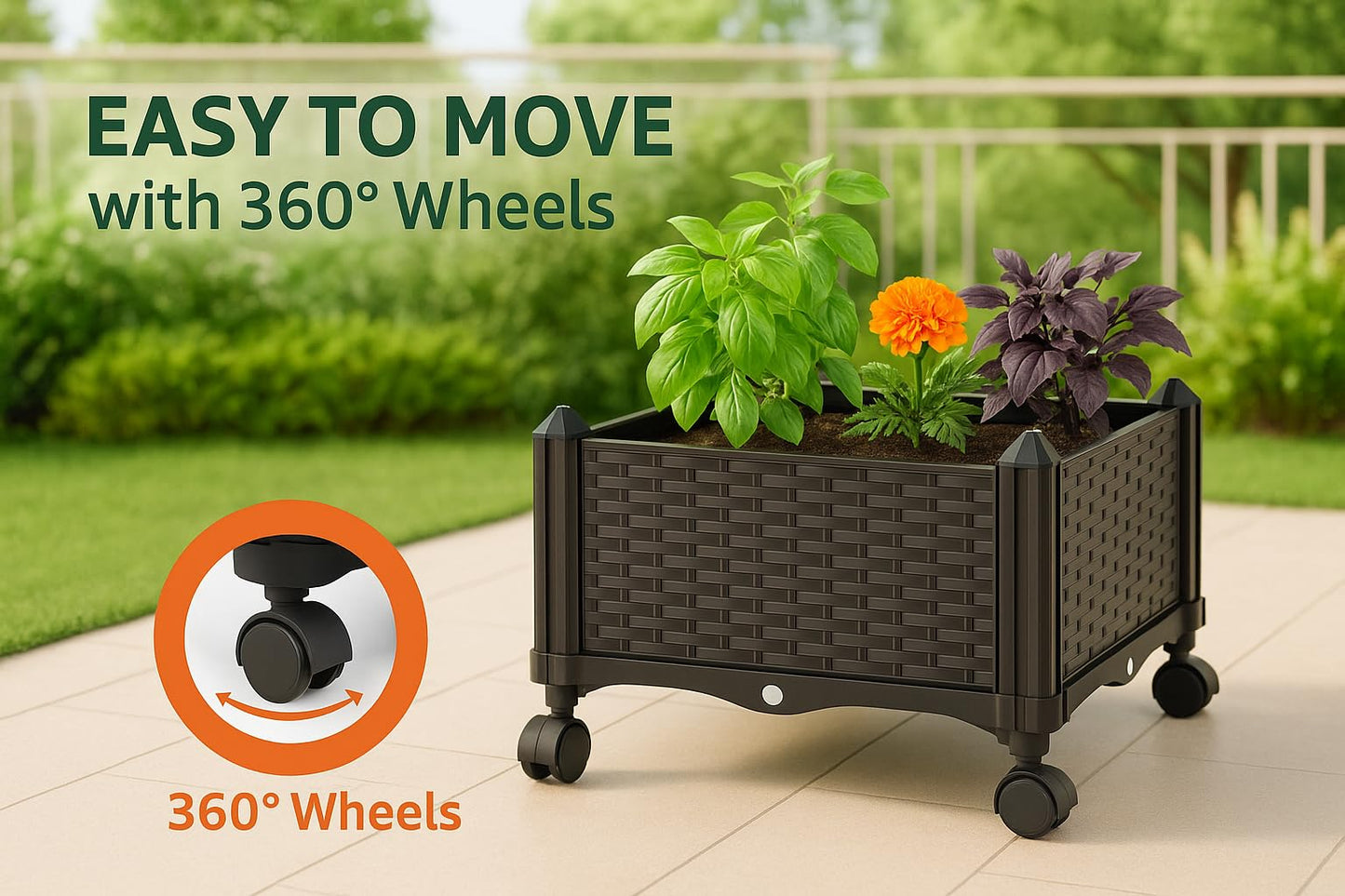 Sherbo Raised Garden Bed Planter Box on Wheels with Trellis, Rattan Style Raised Planter for Outdoor Plants, Compact Mobile Planter Box for Patio or Balcony
