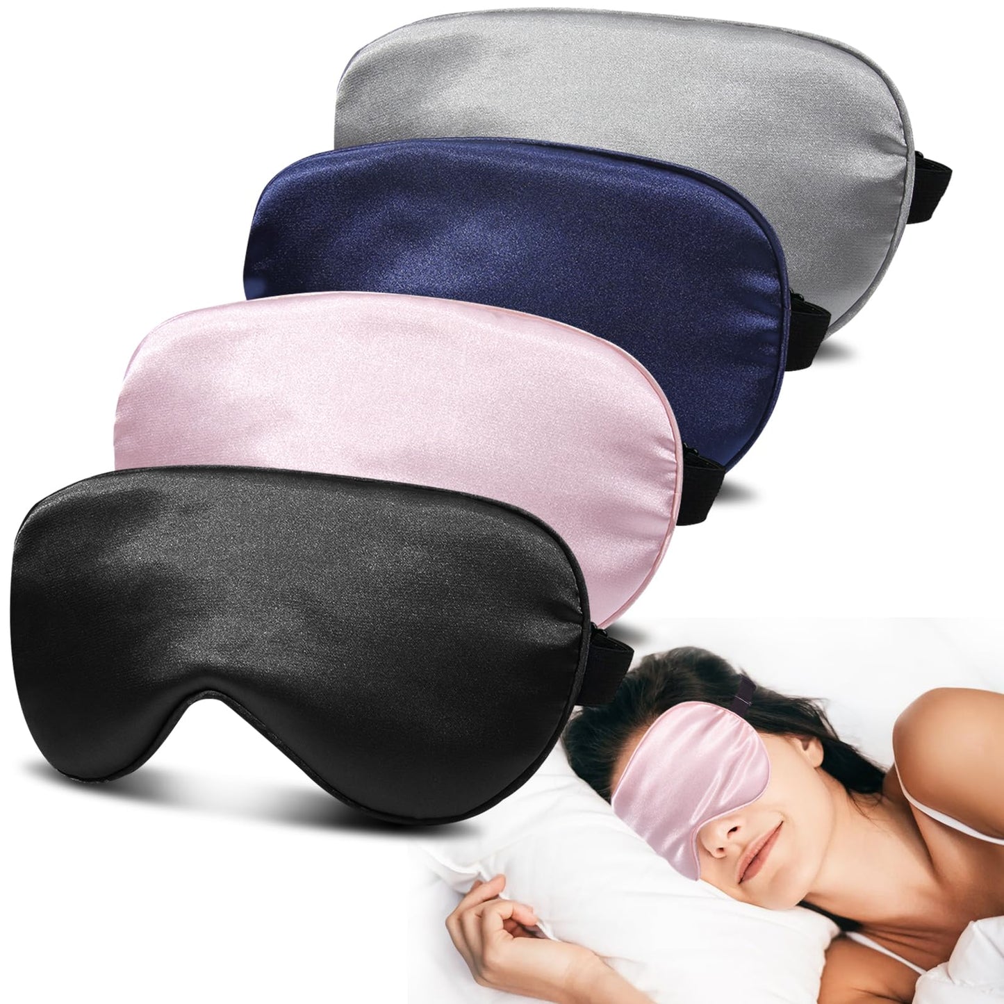 4 Pack Silk Sleep Mask - 100% Blackout, Zero Eye Pressure, Blindfold with Adjustable Strap, Super Soft Travel Eye Covers (Black, Pink, Blue, Purple)