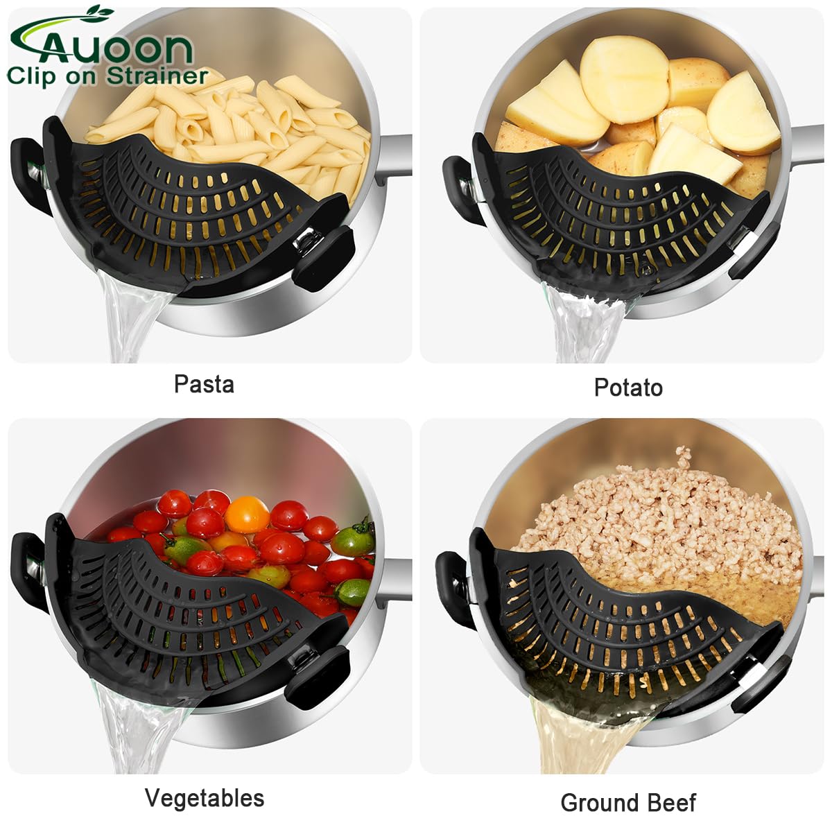 AUOON Clip On Strainer Silicone for All Pots and Pans, Pasta Strainer Clip on Food Strainer for Meat Vegetables Fruit Silicone Kitchen Colander