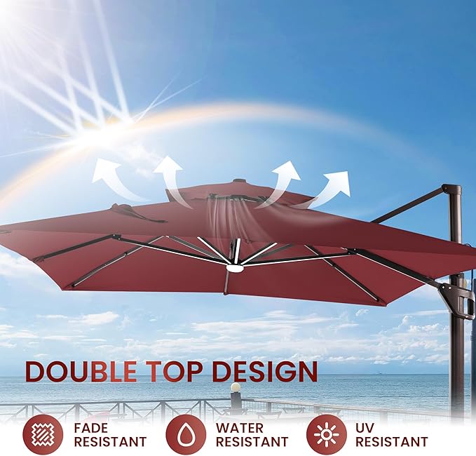 10 X 13 FT Cantilever Patio Umbrella with Led Lights and Base Included Outdoor Heavy Duty Double Top Rectangle Offset Umbrellas with 360-degree Rotation for Pool Deck Backyard, Wine Red