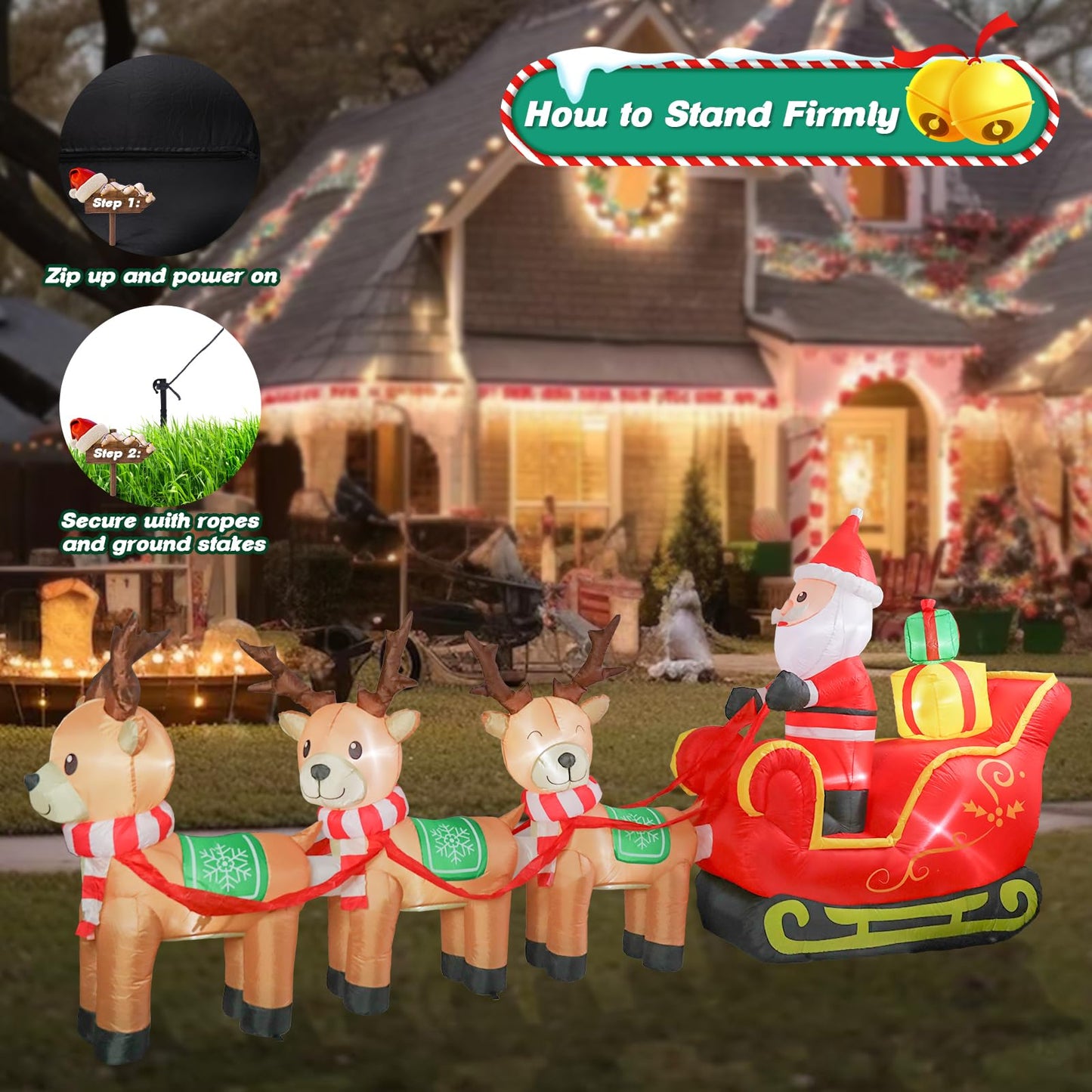 Taman 12 FT Christmas Inflatable Decorations, Santa Claus on Sleigh with Reindeer Propeller Built-in Bright LED Light Blow Up for Yard, Garden,Lawn Outdoor Holiday Yard Decorations