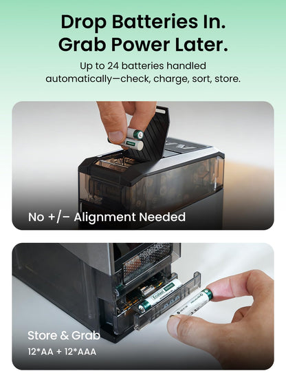 Ostation 2 AA AAA Rechargeable Battery Charger Charging Station, 3 in 1 Polarity-Free Charger Organizer for NiMH & Lithium, Auto-Sorts Good & Bad, App, Holds 24 Cells (w/12 AA Li-ion & 12 AAA NiMH)