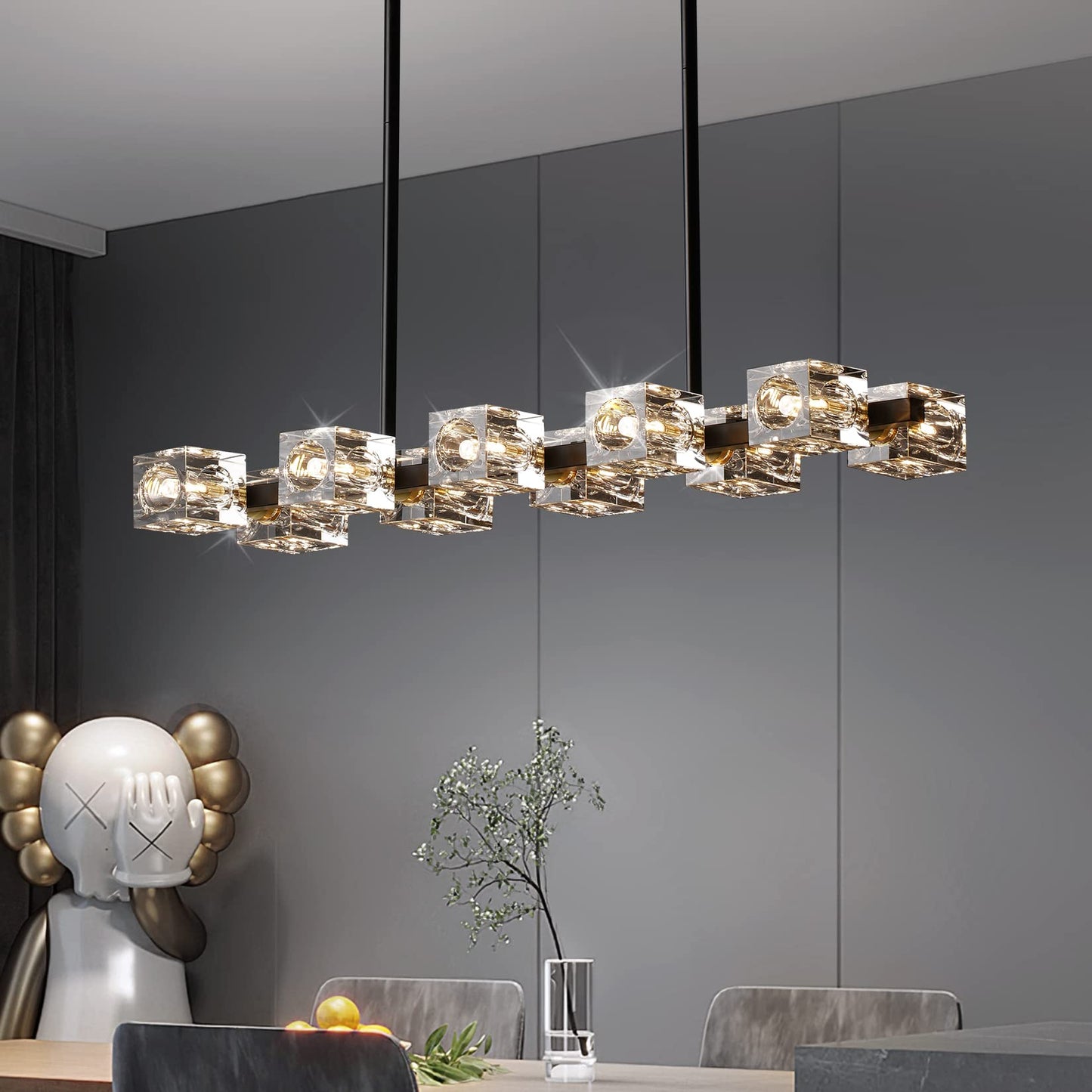 OKES Dining Room Light Fixture,Modern Crystal Chandeleirs Semi Flush Mount Ceiling Light Fixture,Black Metal Crystal Pendant Light for Kitchen Island Farmhouse Dining Room,Living Room (10-Lights)