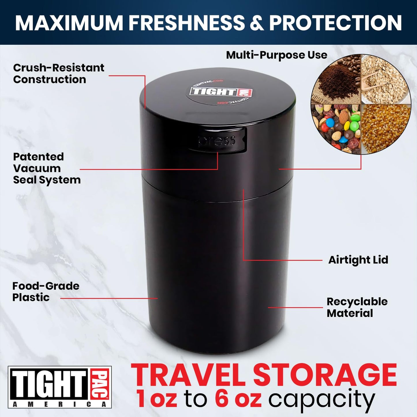 Tightvac 1 to 6 Ounce Airtight Container - Multi-use Storage Container for Herbs, Coffee and Dry Goods, Patented Vacuum Seal Airtight Containers, Black