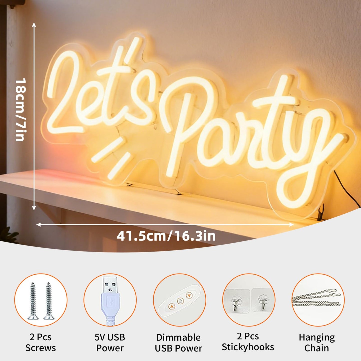 Lets Party White LED Neon Sign, USB Powered Decorative Neon Light for Home Living Room Birthday Party Space Wall Table Decor, Dimmable Light Up Sign 16.3 x 7.1 In