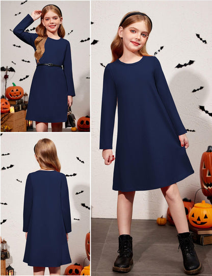 Arshiner Girls Dress Kids Long Sleeve Solid Color Casual T-Shirt Dress Navy Blue Tween 10-11 Years