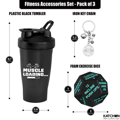 KatchOn, Fitness Gift Set – Pack of 4 | Gym Accessories for Men, with Exercise Dice | Valentine Gifts for Him | Workout Gifts for Men, Pre Workout Shaker, Dice and Dumble Keychains