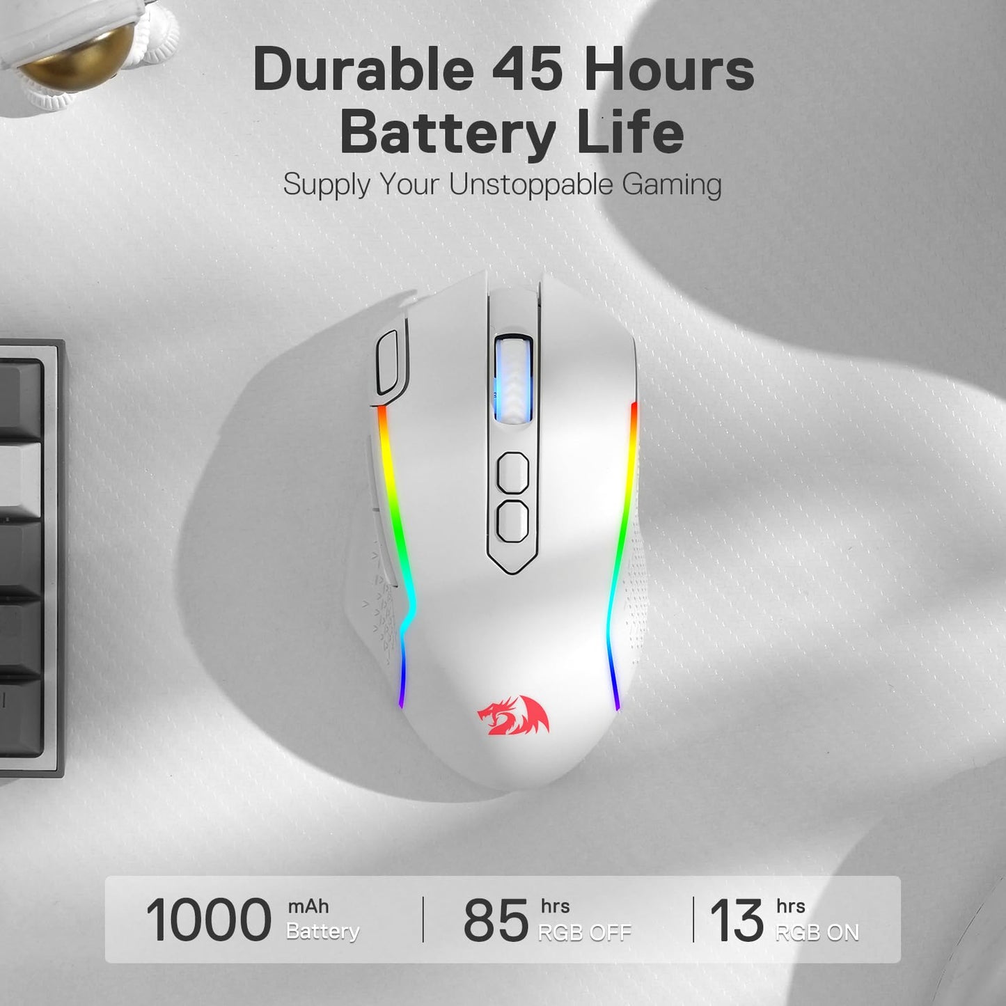 Redragon M810 Pro Wireless Gaming Mouse, 10000 DPI Wired/Wireless Gamer Mouse w/Rapid Fire Key, 8 Macro Buttons, 45-Hour Reliable Power Capacity and RGB Backlit for PC/Mac/Laptop