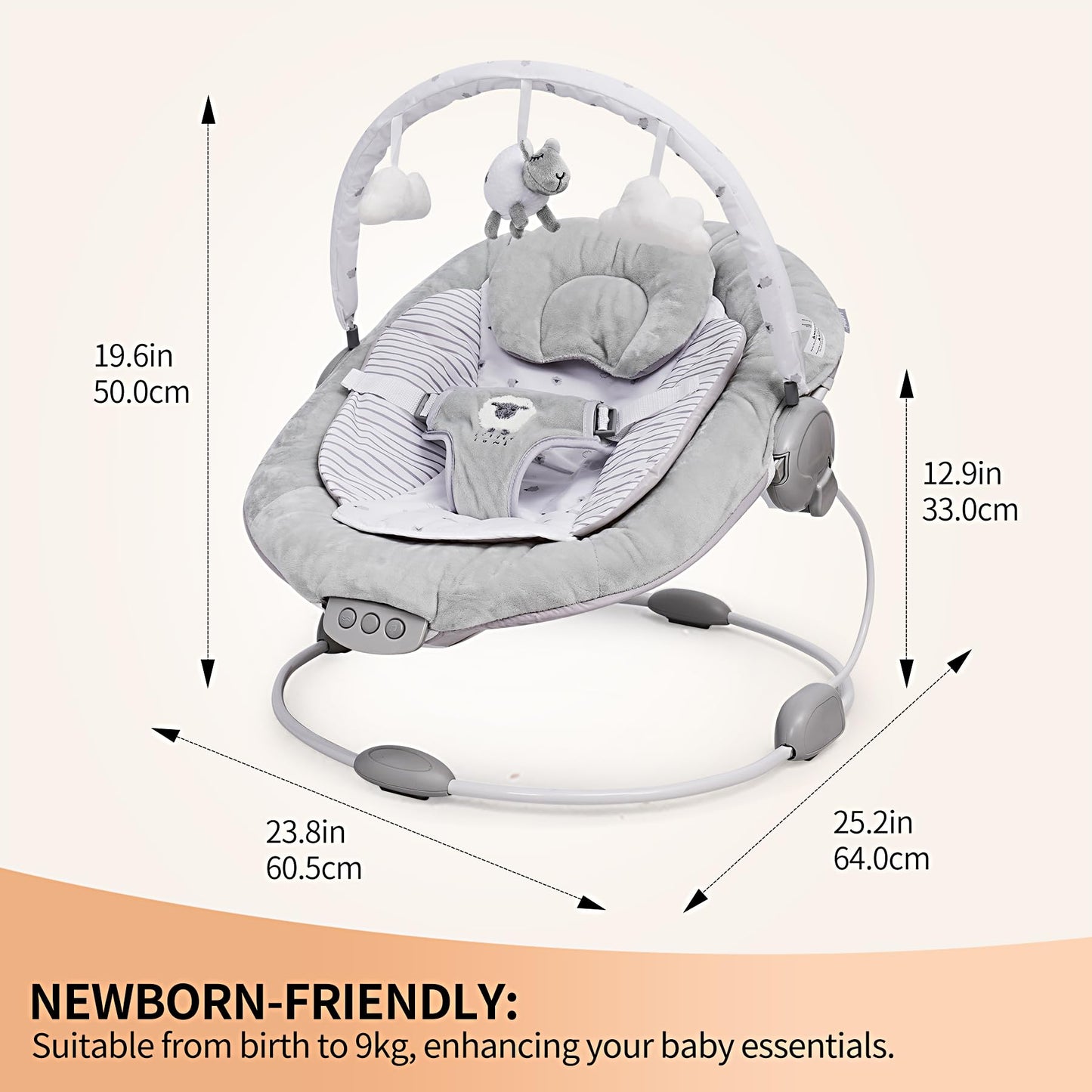 LADIDA Soft Padded Lamb Bouncer, Suitable for Newborns 0-6 Months, Soothing Music and Vibration